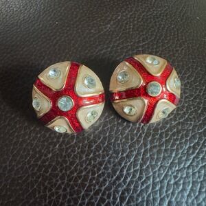 Vintage Red Cream Enamel Rhinestone Dome Stud Earrings Gold Tone Button Retro